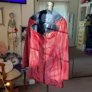 Vtg 90s Black & Red Formula X Velour Coat (S)